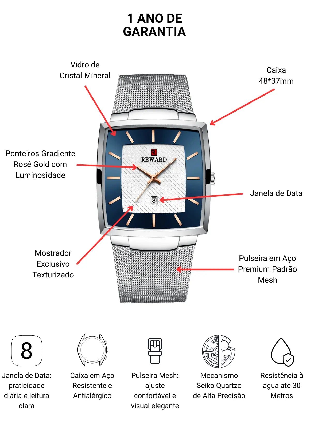 Relógio Masculino Prata Reward VIP Monaco Date 48mm