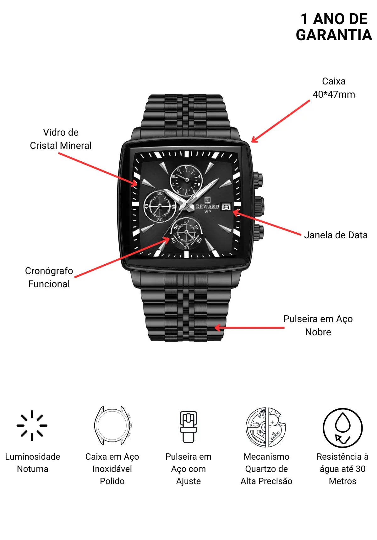 Relógio Quadrado Masculino Preto Monaco Chronograph 40 mm