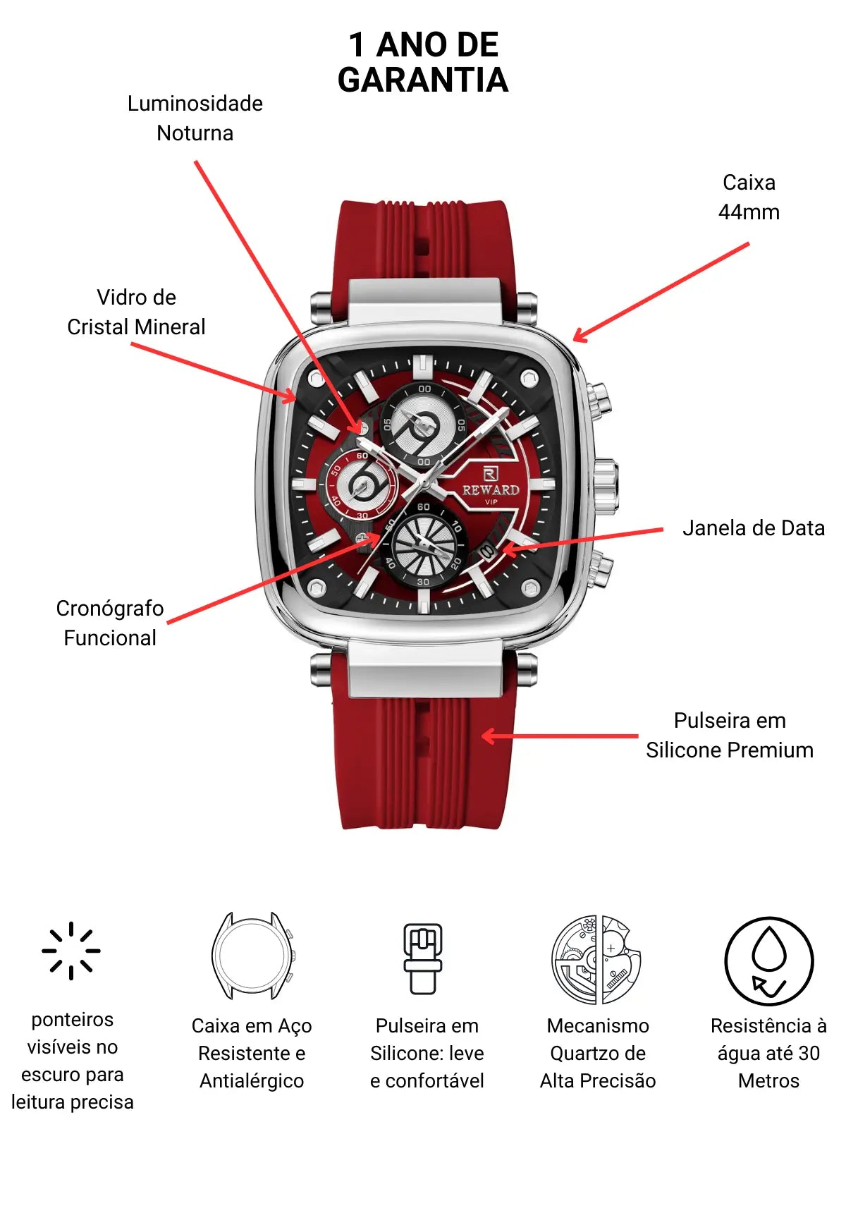 Relógio Quadrado Masculino Esportivo Monaco Red 44mm