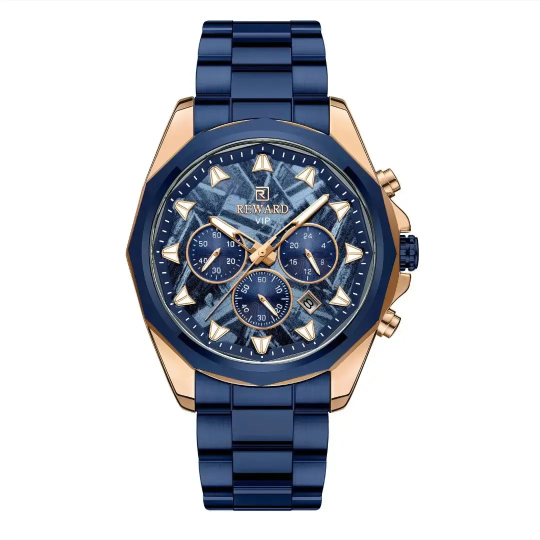 relógio masculino azul Reward VIP Vanguard com os botões laterais do cronógrafo rose gold e a coroa do relógioazul e em destaque sua caixa rose gold com mostrador azul