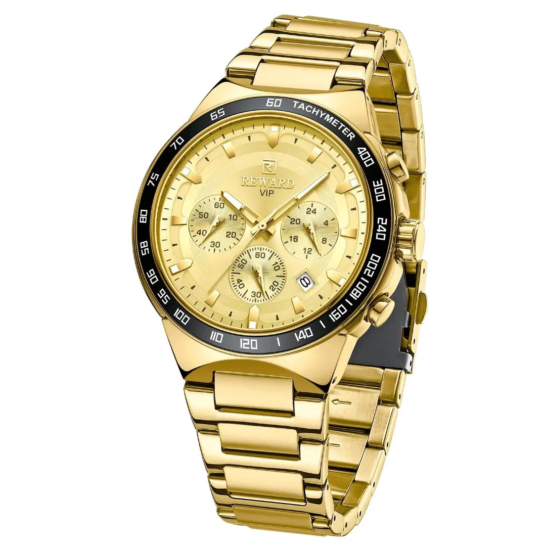 Relógio masculino REWARD VIP Magnus Dourado: design chamativo, pulseira em aço inox e mostrador com cronógrafo. Para quem quer se destacar com elegância e atitude. Um luxo que impõe respeito.
