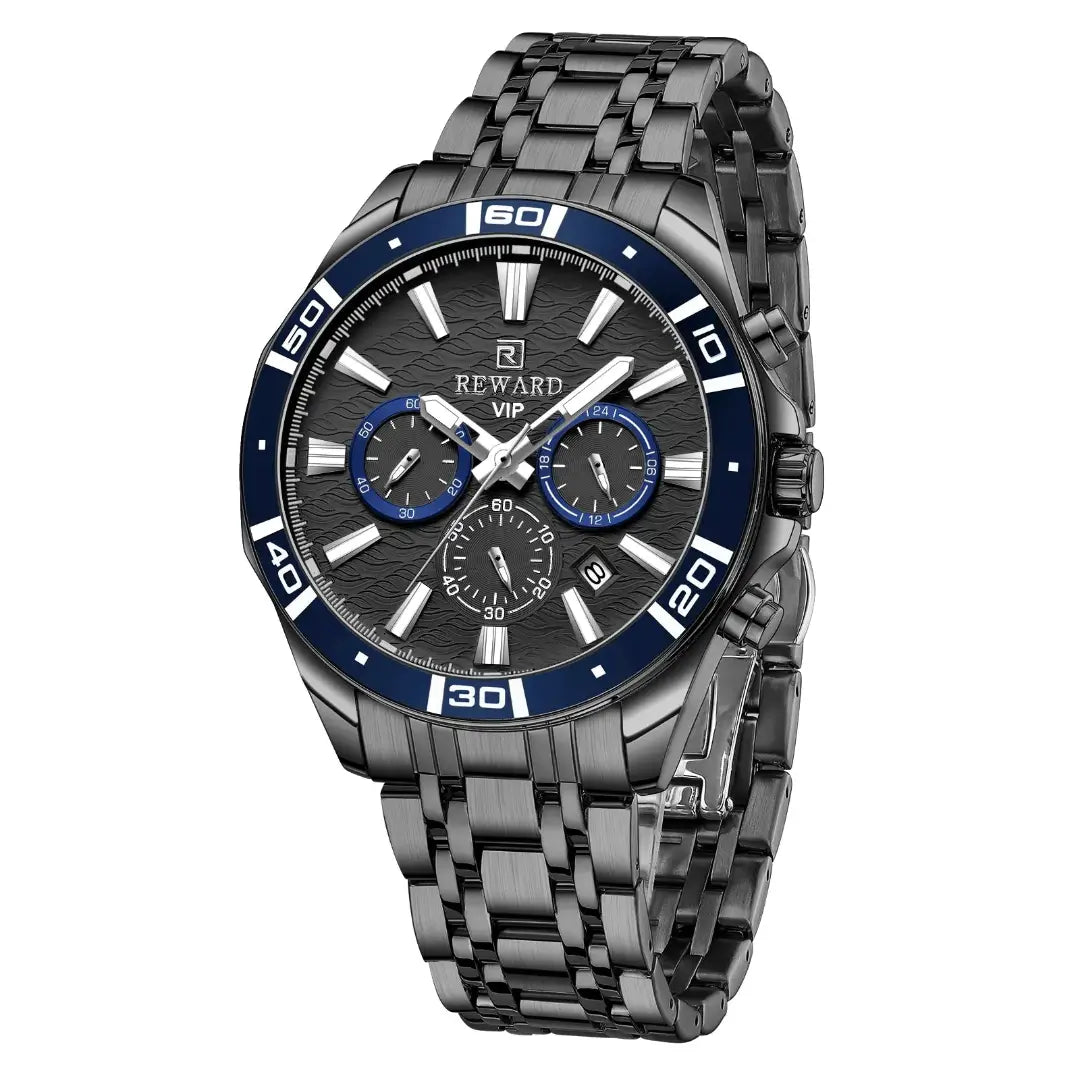 Relógio masculino REWARD VIP preto com acabamento em aço e detalhes luxuososna cor azul sobre fundo branco