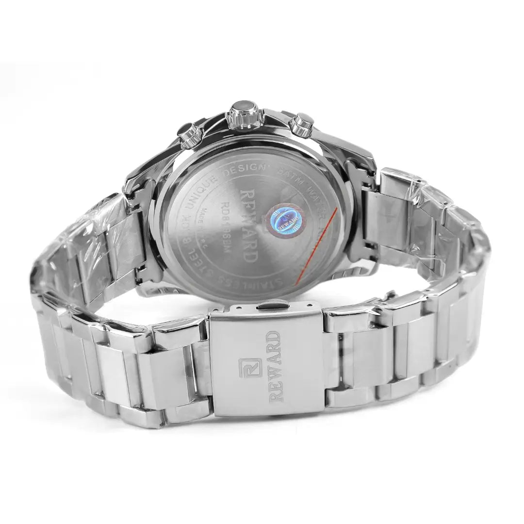 Caixa na cor prata Relógio masculino Reward VIP Vanguard verde