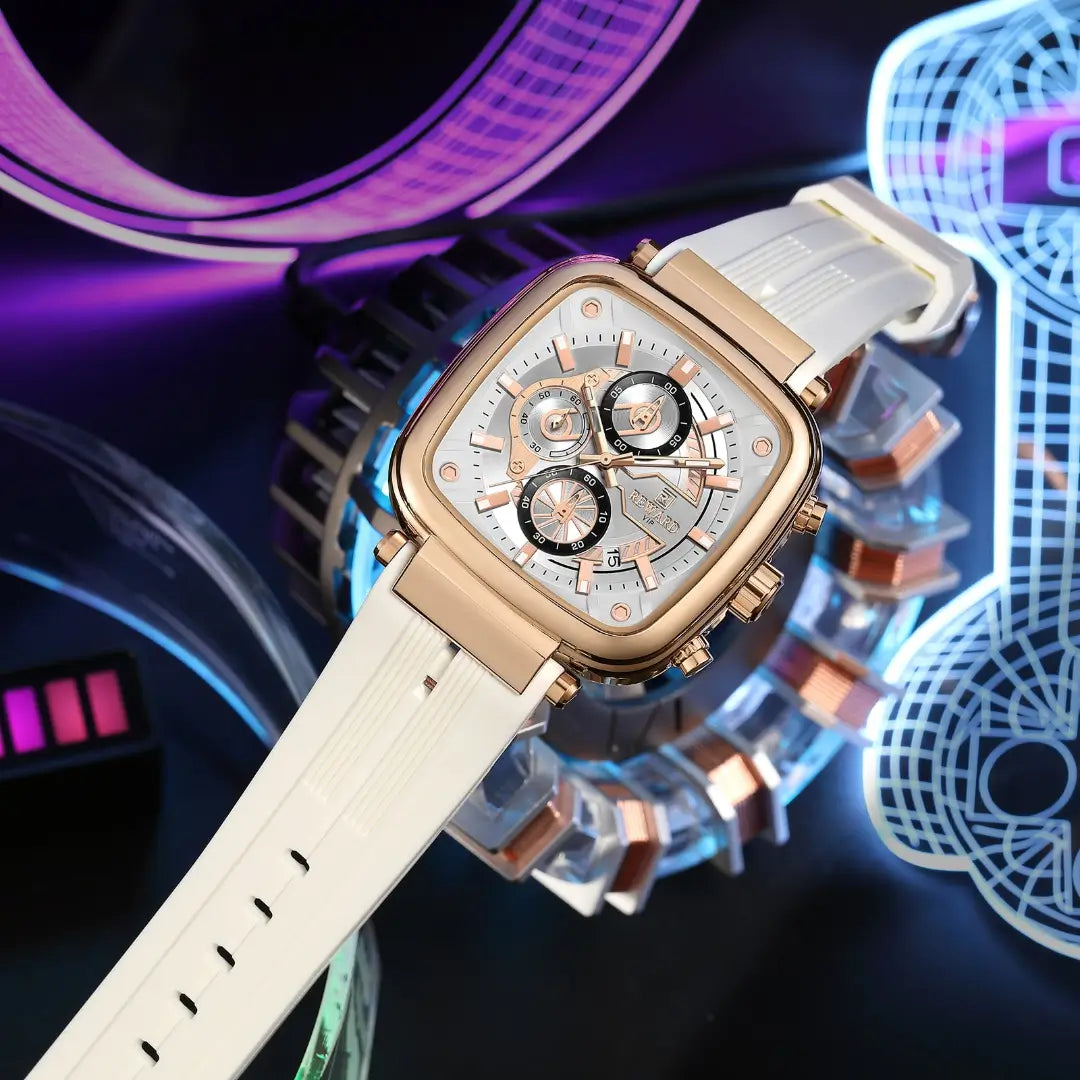 Relógio masculino quadrado branco Reward VIP Monaco Sport com destaque para a caixa em rose gold e a pulseira em borracha