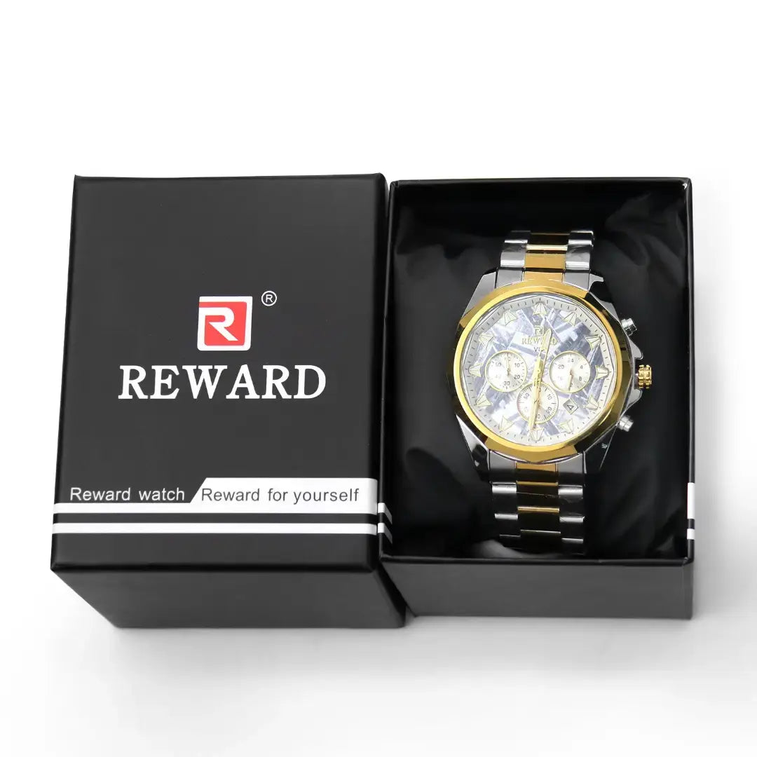 Caixa premium preta do relógio masculino prata Reward VIP Vanguard, realçando a apresentação sofisticada e o padrão elevado da embalagem.