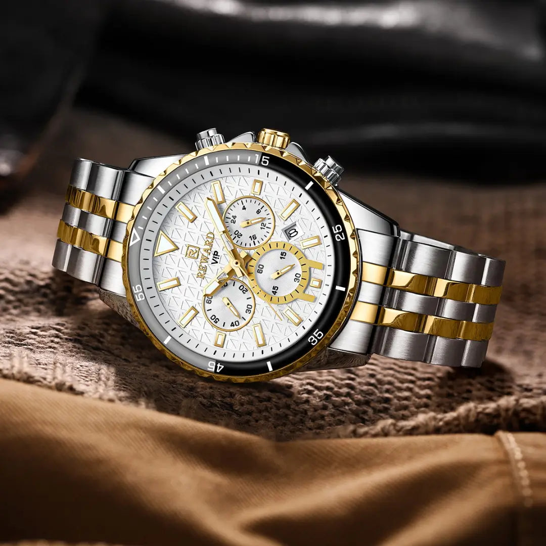 cristal mineral do relógio masculino prata e dourado Reward VIP essence