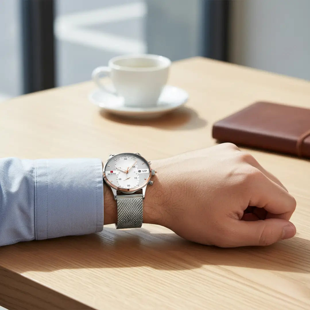 Relógio minimalista masculino Linéar prata em ambiente de café com foco na caixa e pulseira em aço mesh