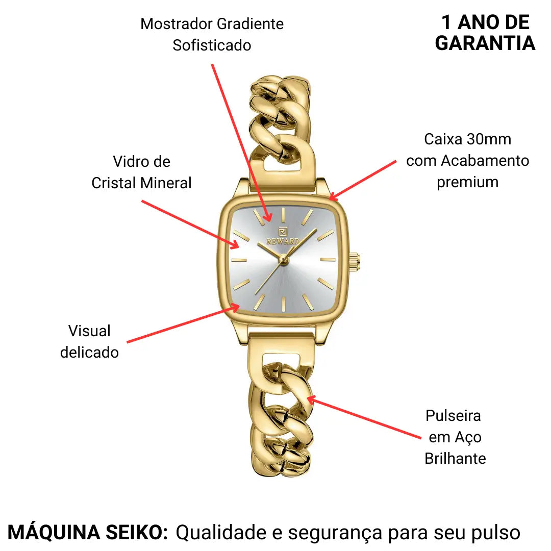 Relógio Quadrado Feminino Pequeno Dourado Madrid Square 30mm