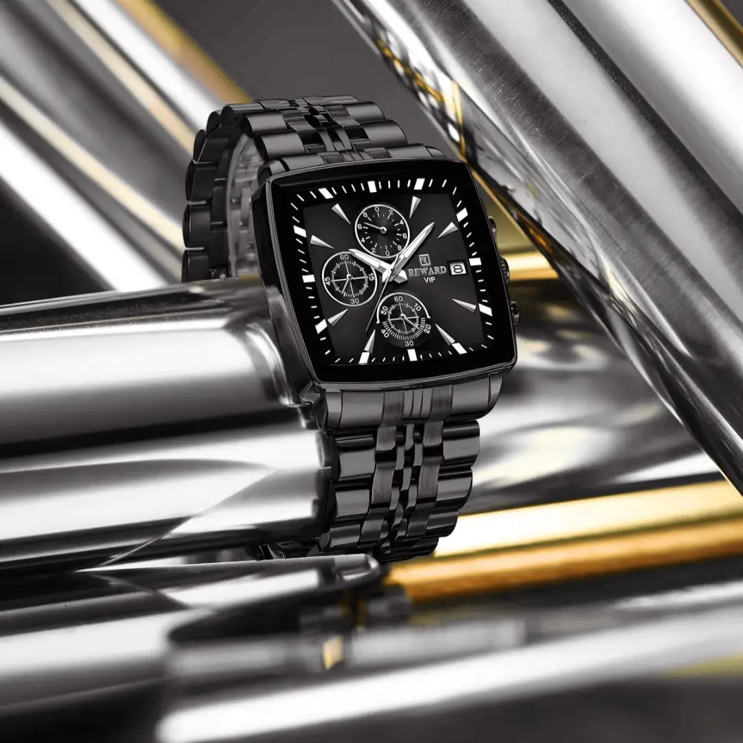 relógio masculino preto em aço reward vip monaco modelo feito em aço polido com desgin quadrado cor preto profundo e mostrador preto com índices e ponteiros na cor prata
