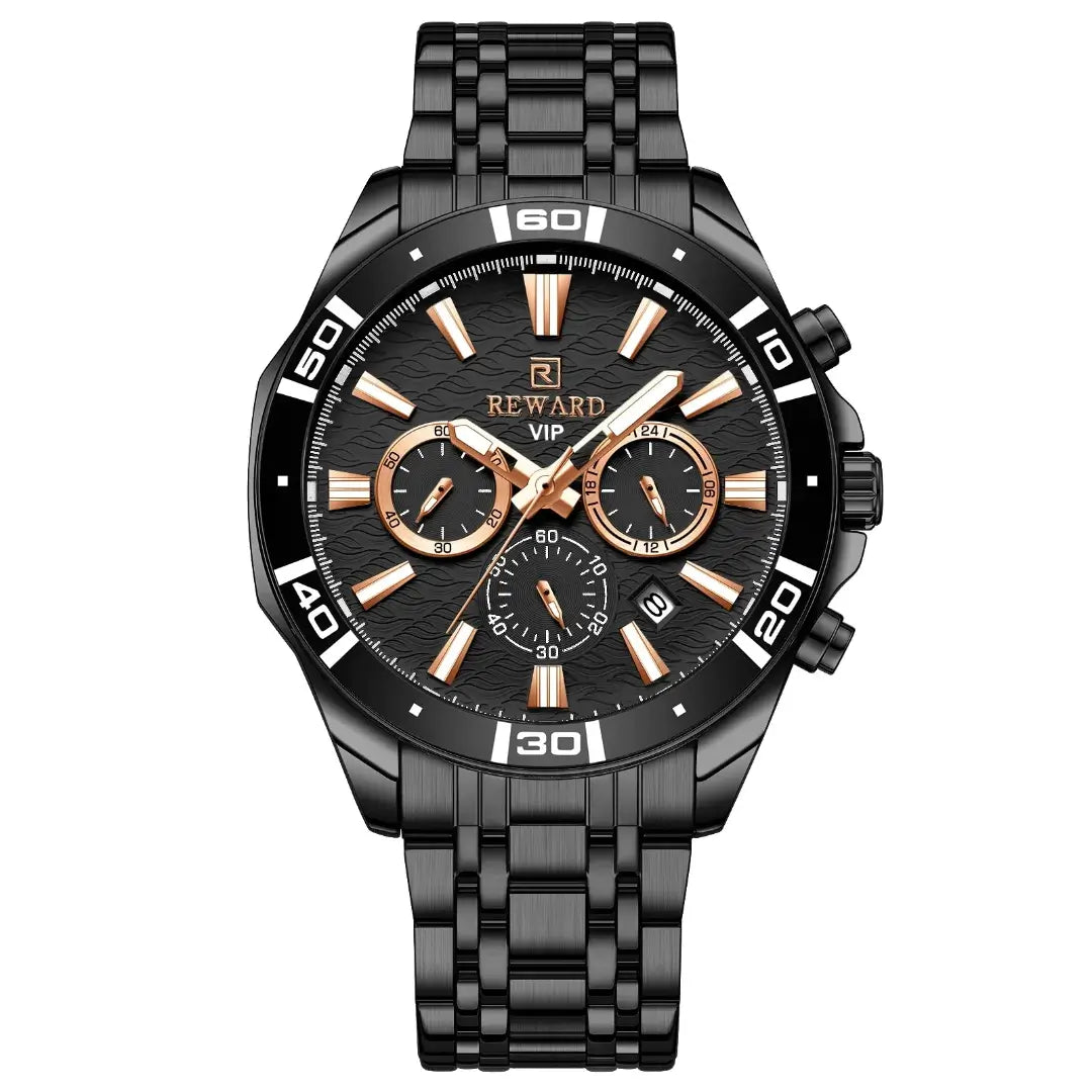 relógio masculino reward vip essence preto destacadando seus indices na cor dourada levemente sofisticada