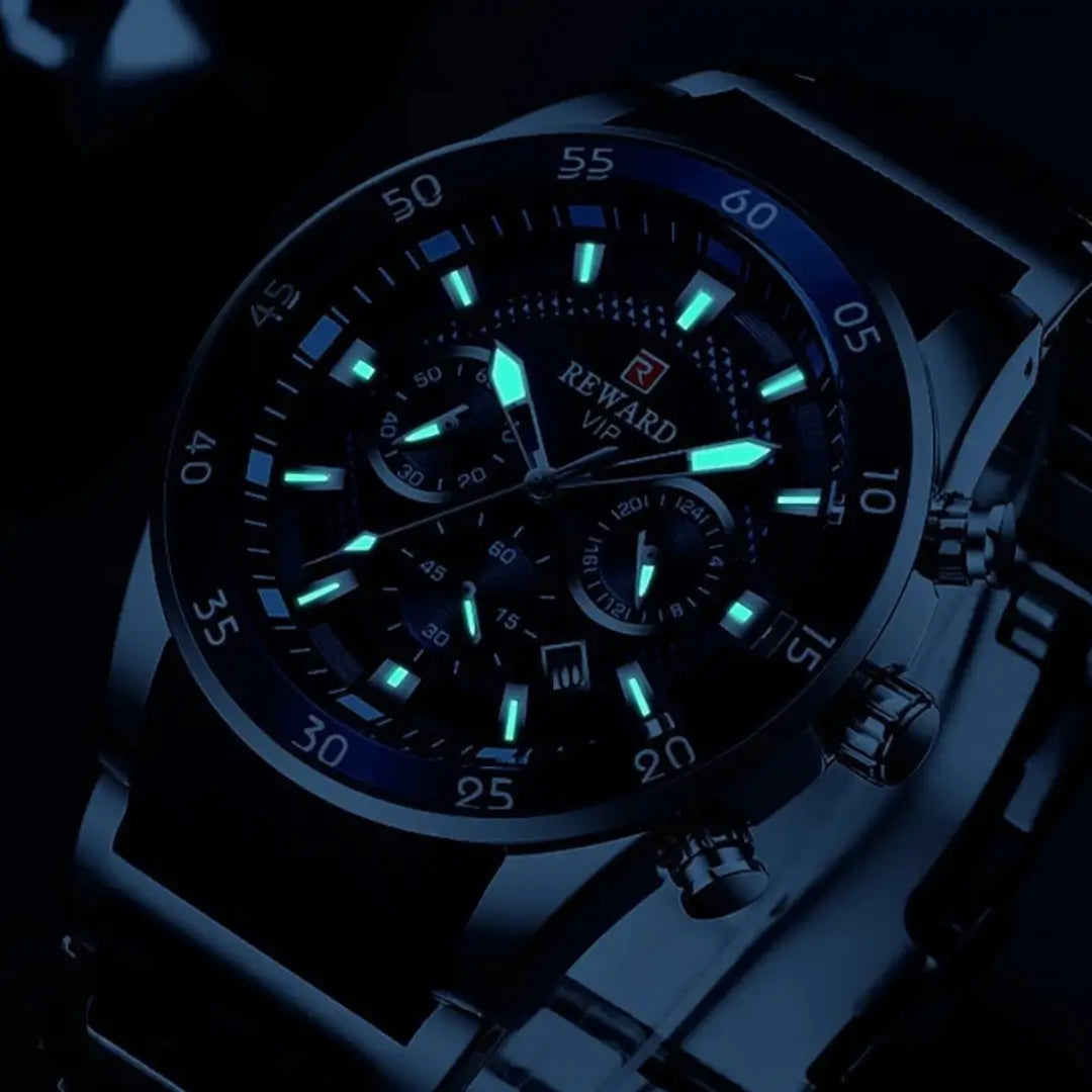 Descubra o REWARD VIP Cronos: relógio masculino prata com mostrador azul marcante e pulseira híbrida de aço e silicone. Sofisticação, conforto e estilo em cada detalhe.