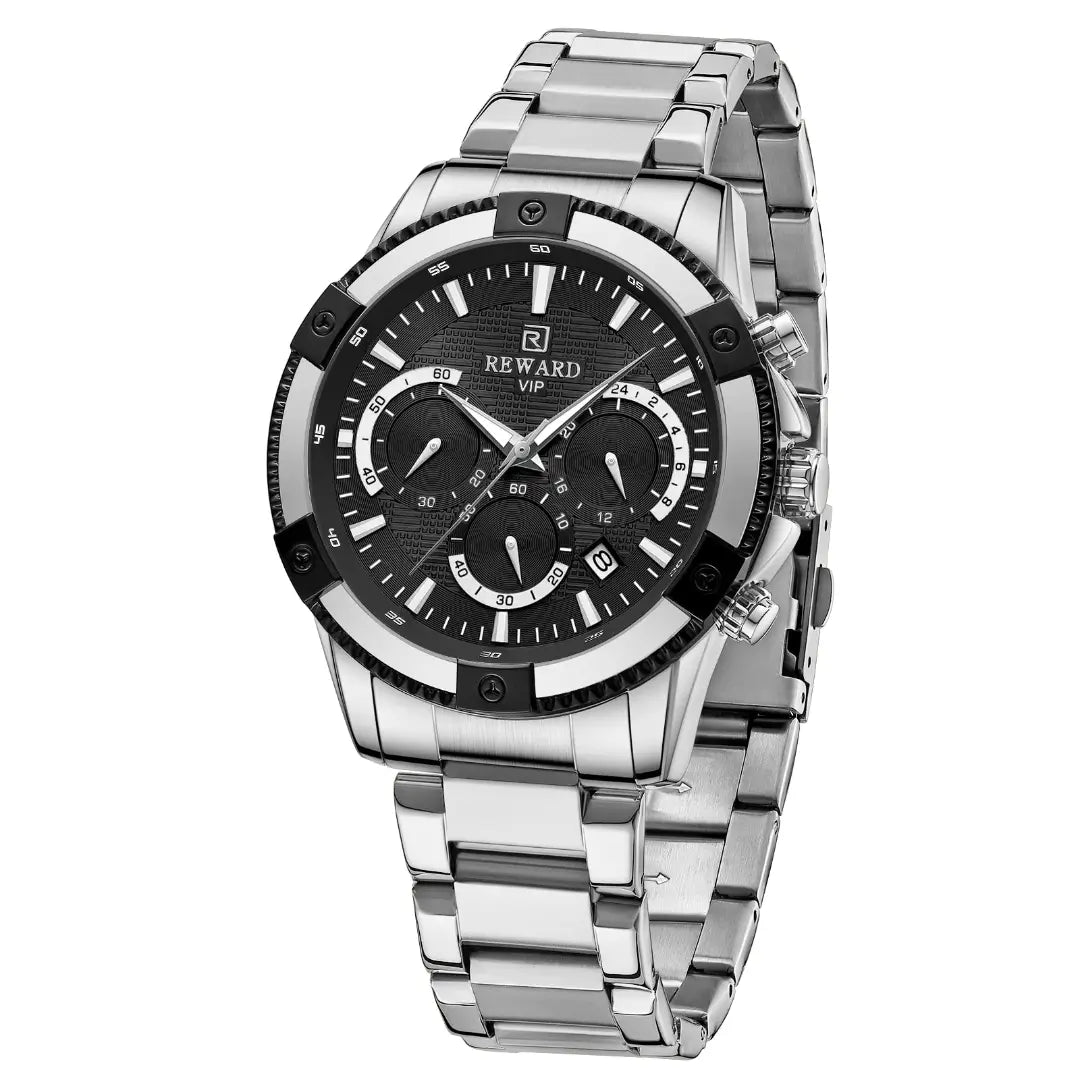 Relógio masculino Reward VIP com mostrador preto e caixa prata