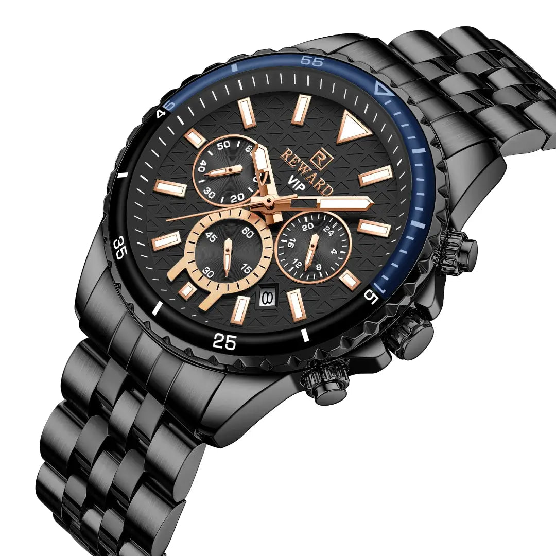 Relógio masculino preto reward vip essence - mostrador com ponteiros dourado
