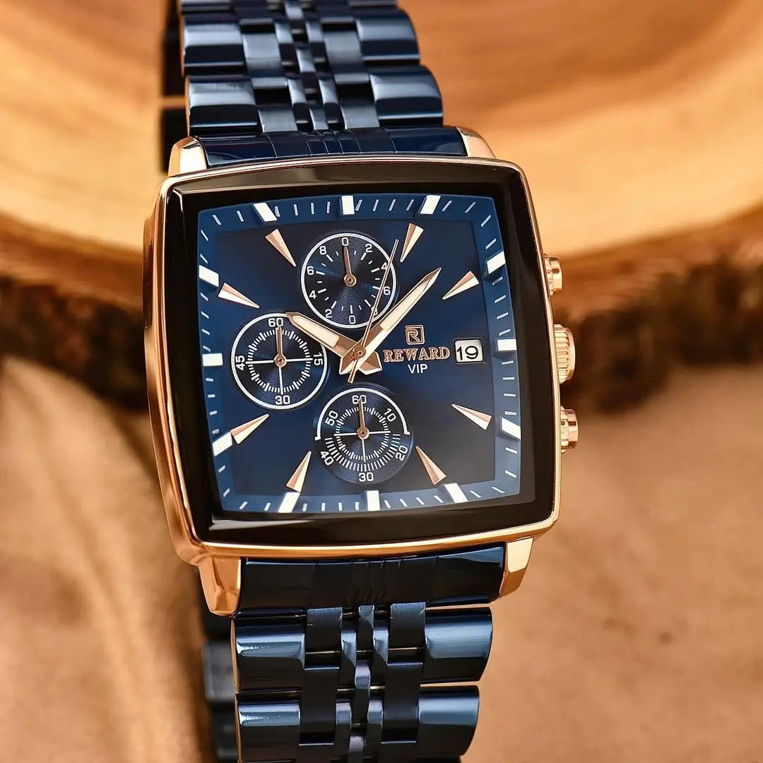 Mostrador do relógio masculino quadrado azul Reward VIP Monaco com detalhes finos, profundidade marcante e ponteiros bem definidos