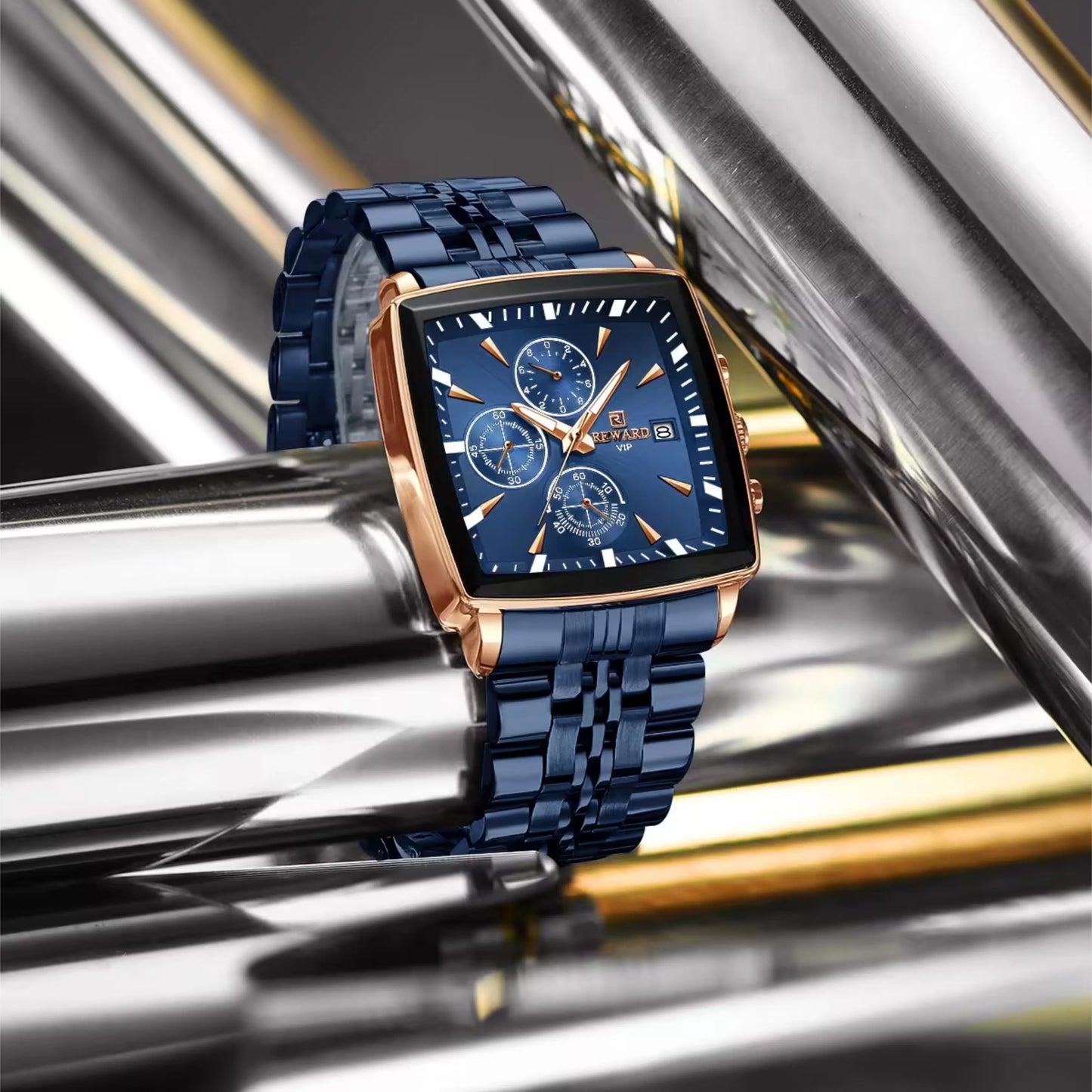 Relógio masculino estilo social elegante reward vip com formato da caixa quadrado na cor azul Marinho com dourado sua pulseira é feita em aço com tons de cor azul profundo elegante.
