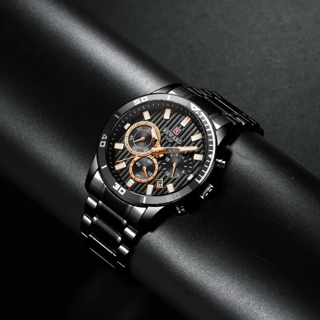 Mostrador preto com ponteiros escuros – relógio masculino elegante