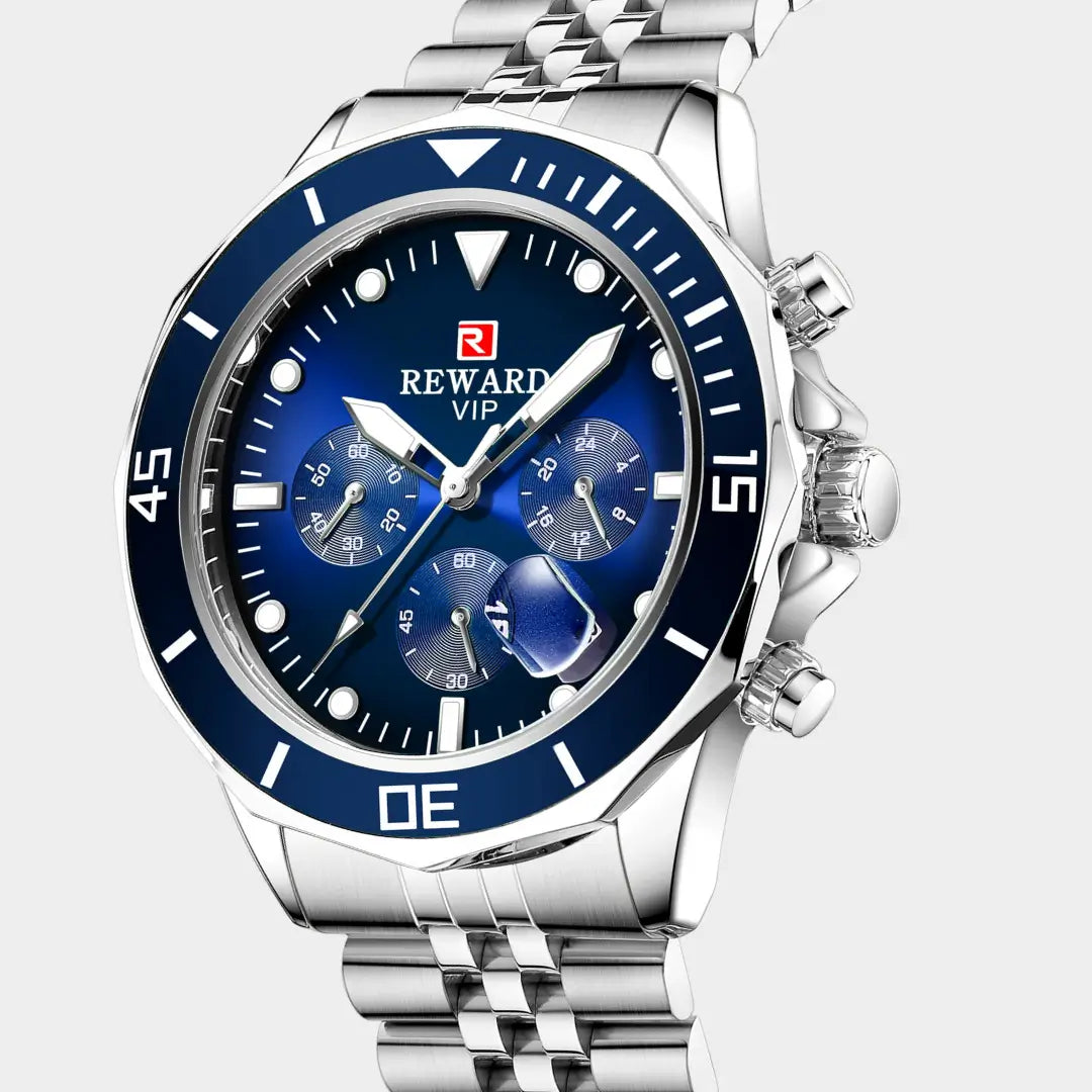 Vista lateral da caixa em ângulo de 3/4 do relógio casual masculino azul Atlas 44 mm