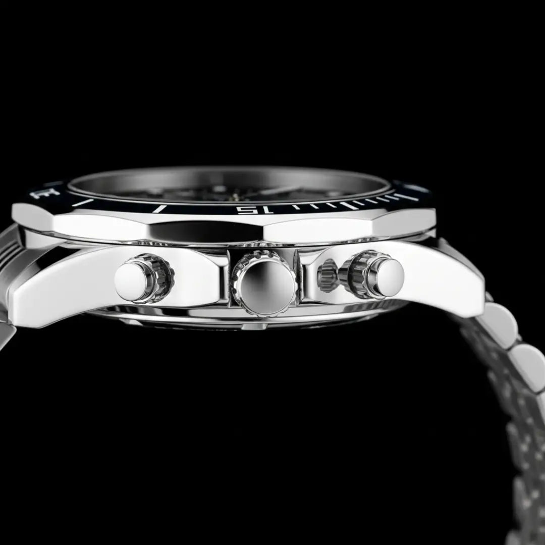 Vista lateral da caixa do relógio casual masculino azul Atlas 44 mm