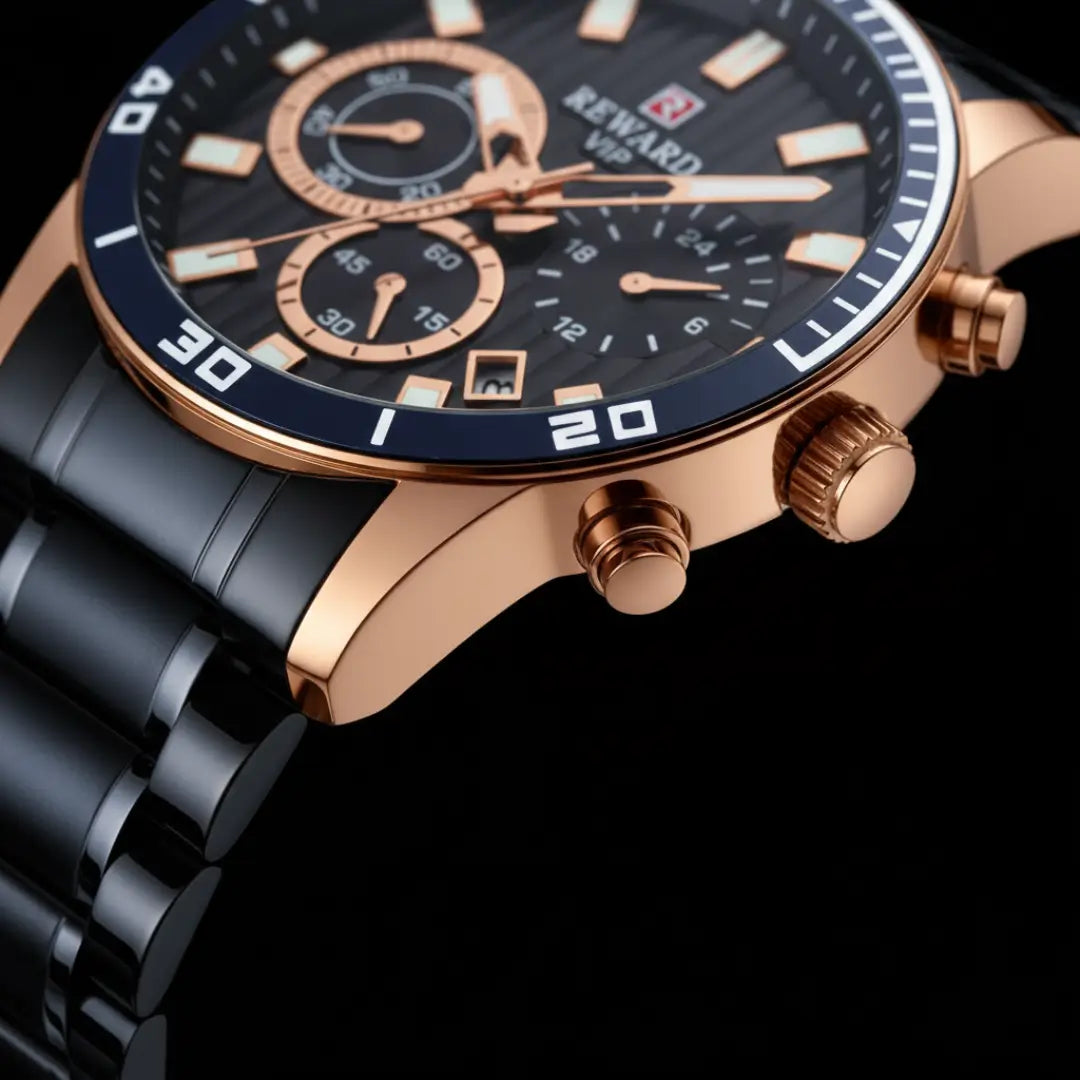 Relógio casual masculino azul com cronógrafo Reward VIP Aurion 44mm vista da coroa