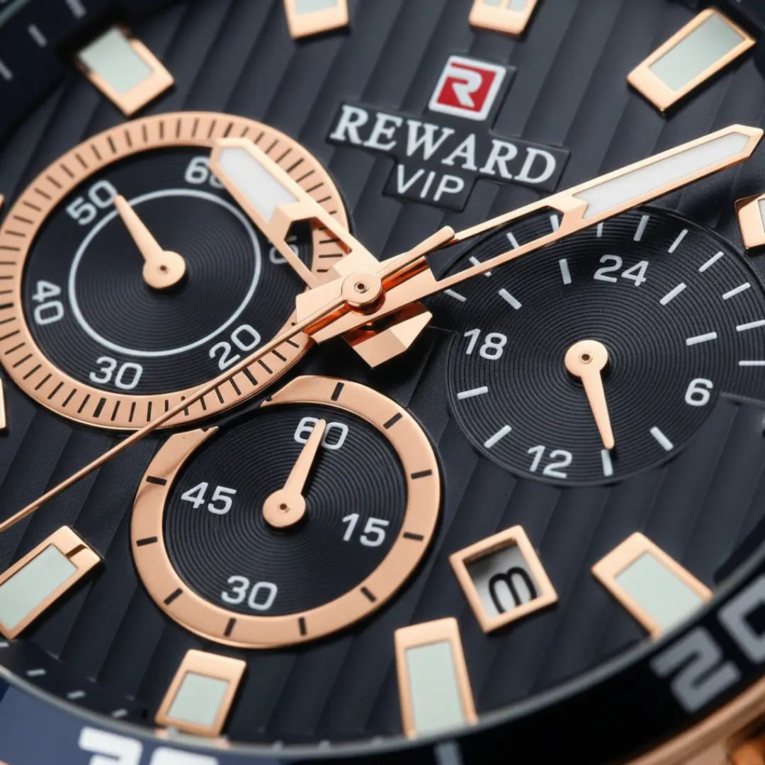 Relógio casual masculino azul com cronógrafo Reward VIP Aurion 44mm vista do mostrador