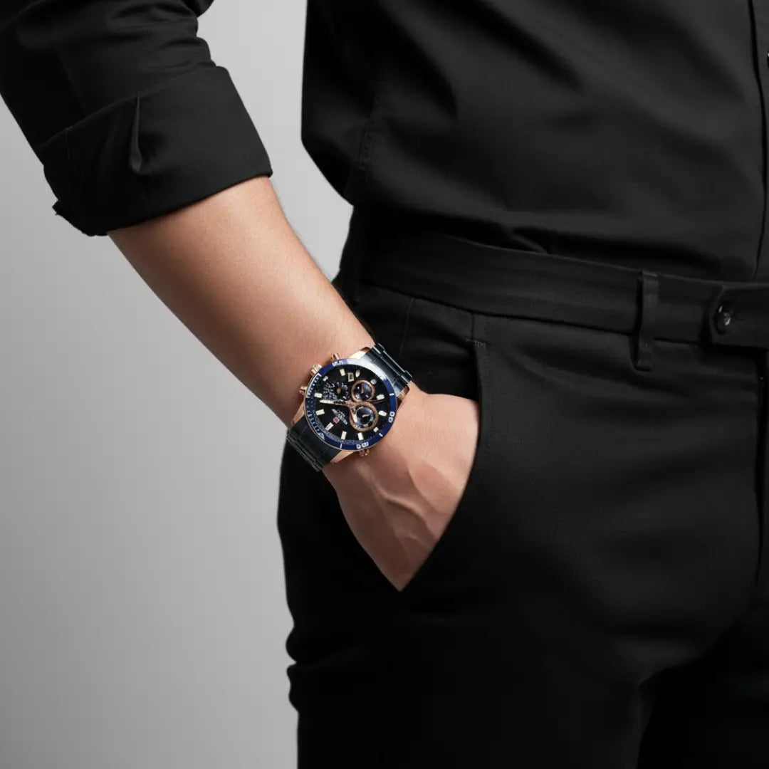 Relógio casual masculino azul com cronógrafo Reward VIP Aurion 44mm visto sob o pulso