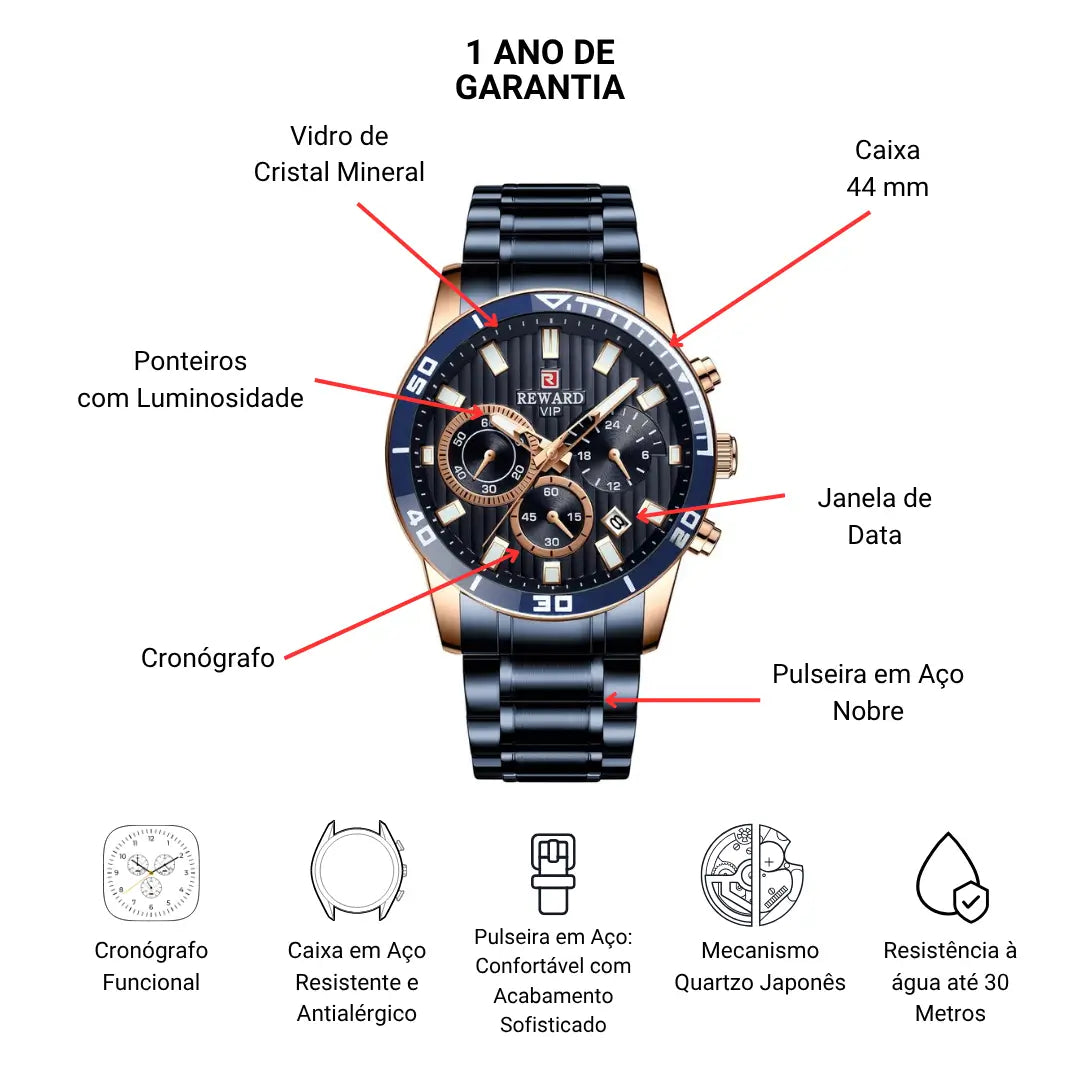 Relógio Masculino Casual Azul Aurion 44 mm