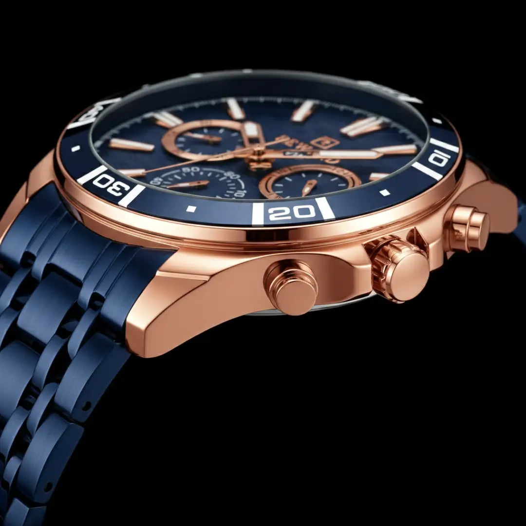 Relógio casual masculino azul com detalhes em dourado Reward VIP Essence 44mm visto em ângulo lateral para a coroa