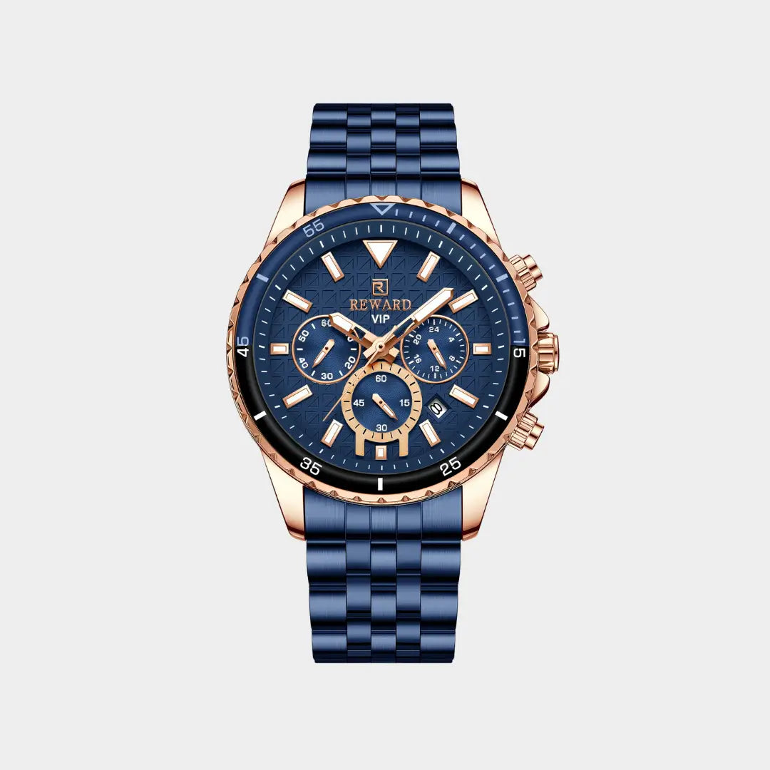 Relógio casual masculino azul Reward VIP Essence 45mm com bisel canelado vista frontal