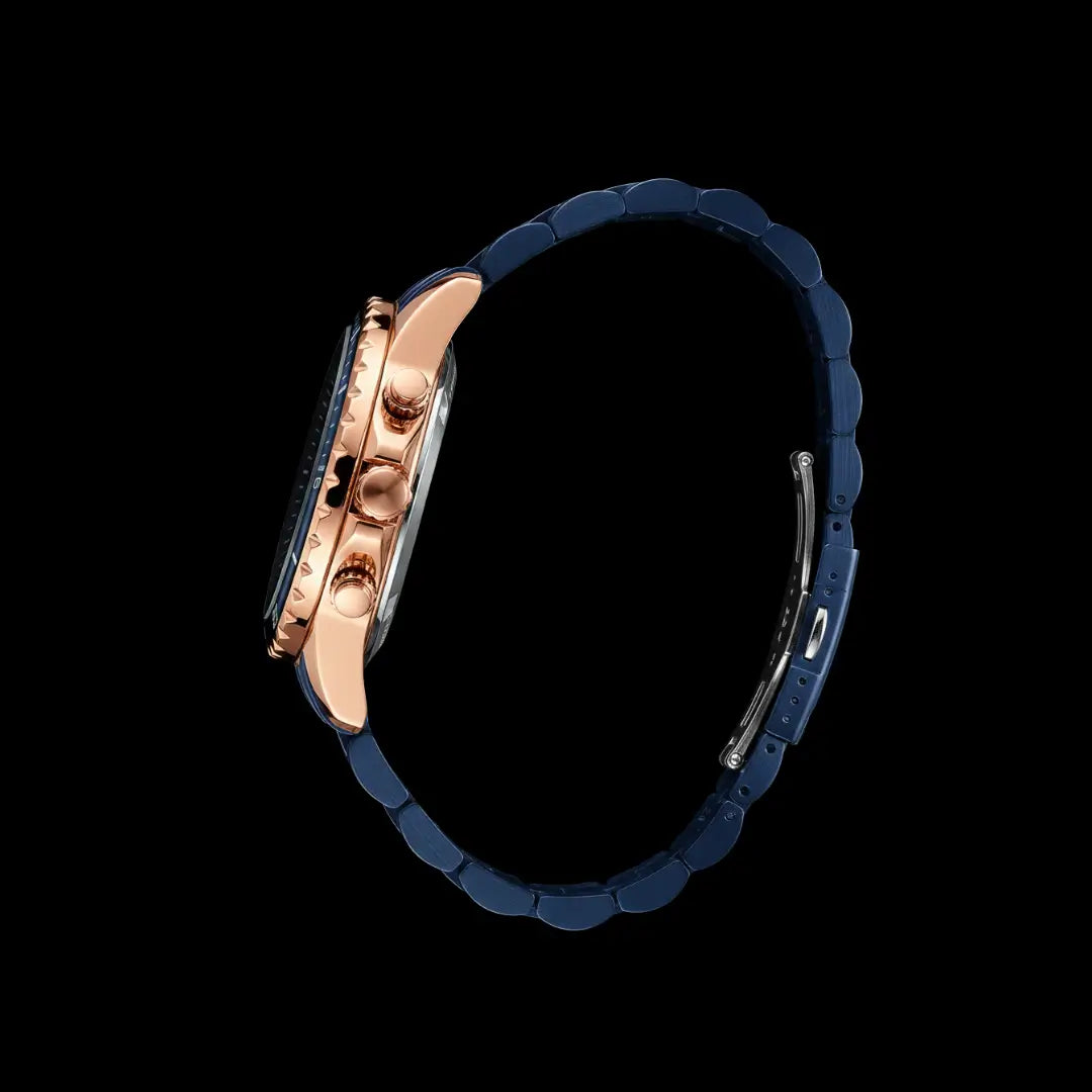 Relógio casual masculino azul Reward VIP Essence 45mm com bisel canelado vista lateral completa