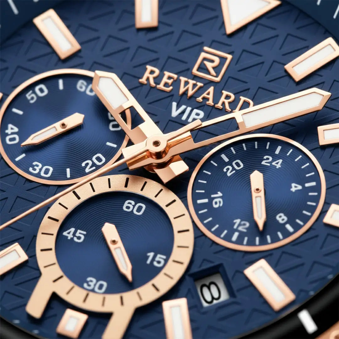 Relógio casual masculino azul Reward VIP Essence 45mm com bisel canelado com vista do mostrador