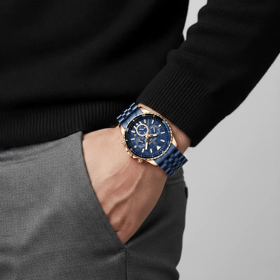 Relógio casual masculino azul Reward VIP Essence 45mm com bisel canelado sob o pulso