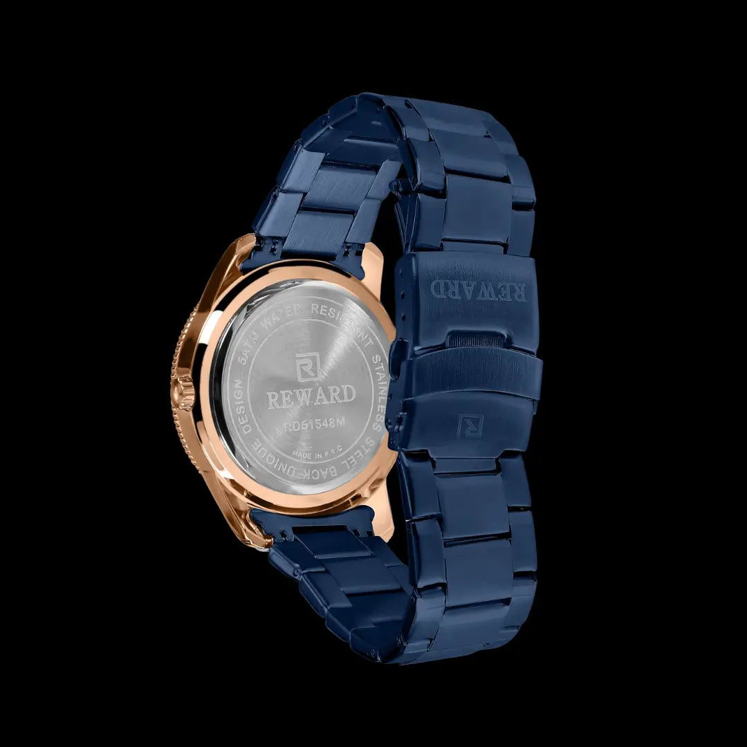 Relógio casual masculino azul Reward VIP Heritage 42mm com pulseira de aço vista do fundo da caixa