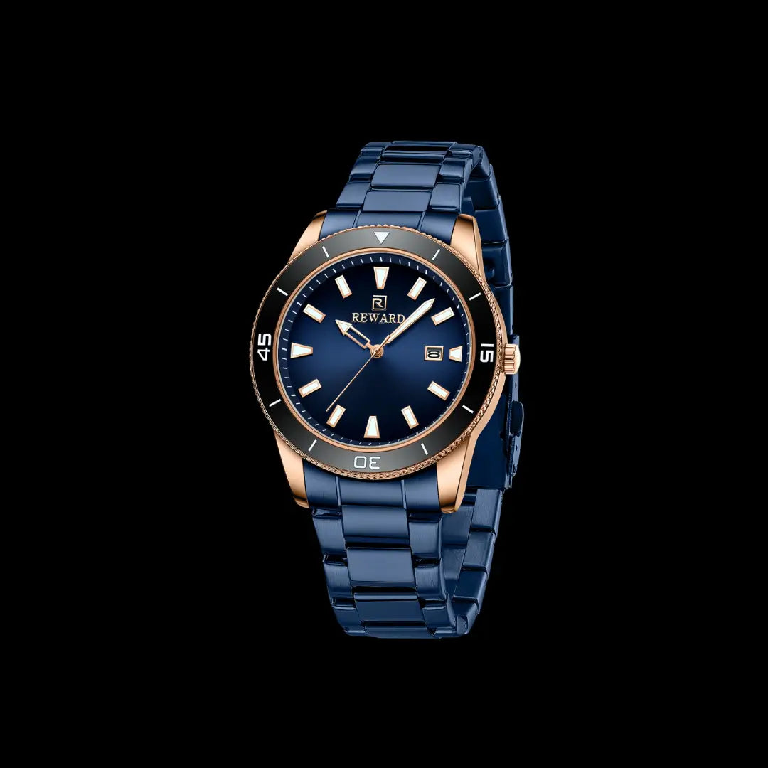 Relógio casual masculino azul Reward VIP Heritage 42mm com pulseira de aço vista semi lateral do modelo