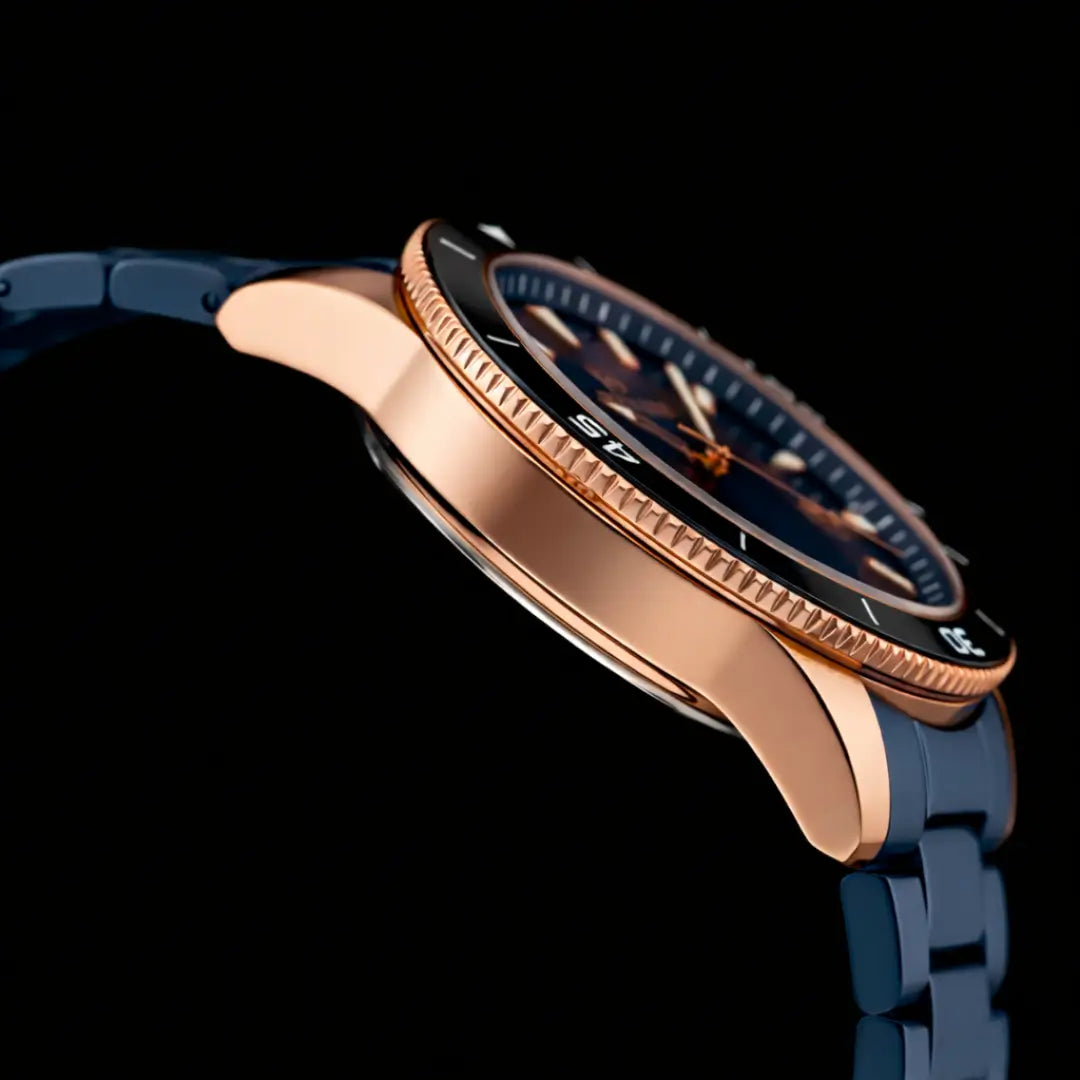 Relógio casual masculino azul Reward VIP Heritage 42mm com pulseira de aço vista da caixa em outro ângulo