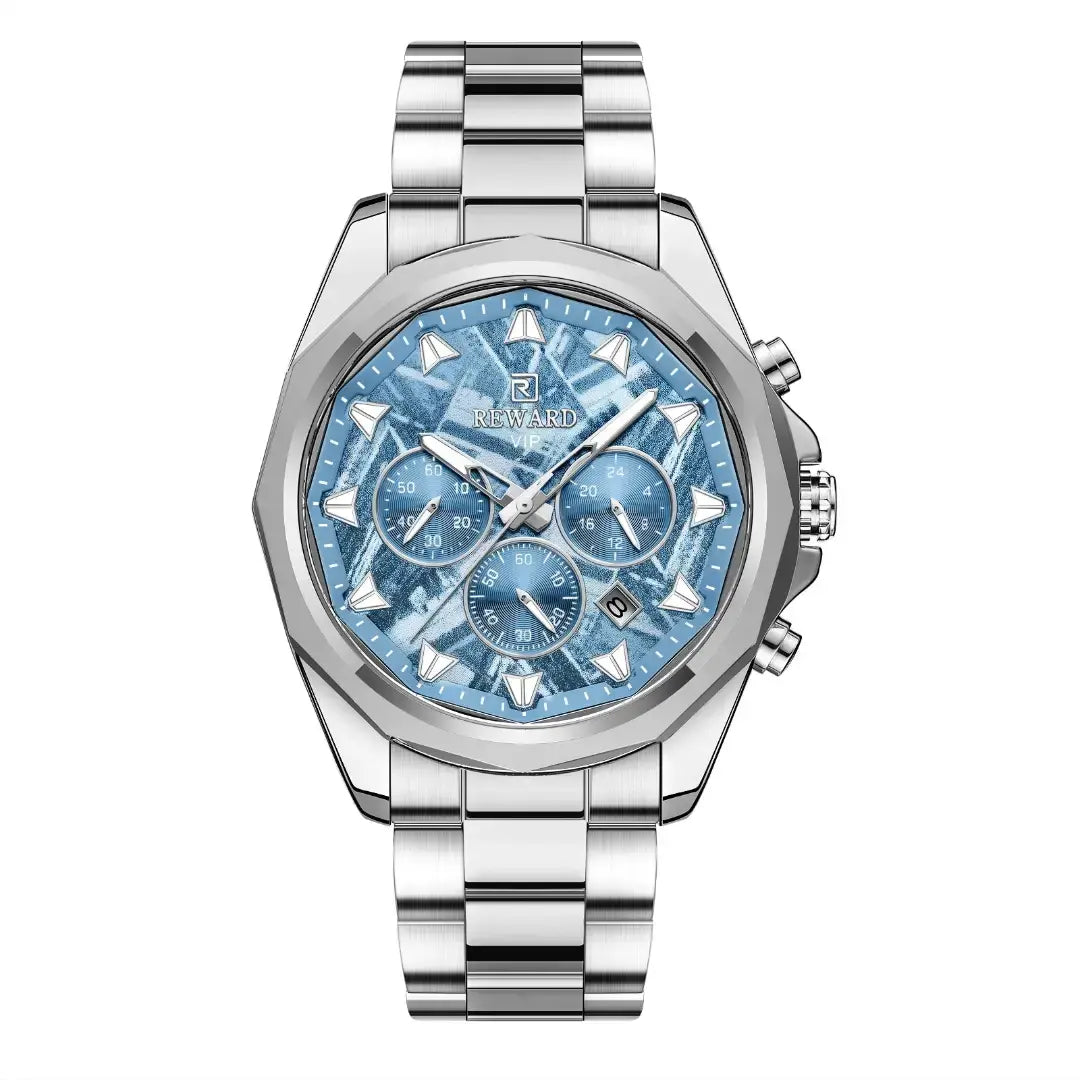 Vista frontal do relógio casual masculino azul Reward VIP Vanguard, com mostrador azul profundo e detalhes metálicos que transmitem sofisticação e estilo contemporâneo.