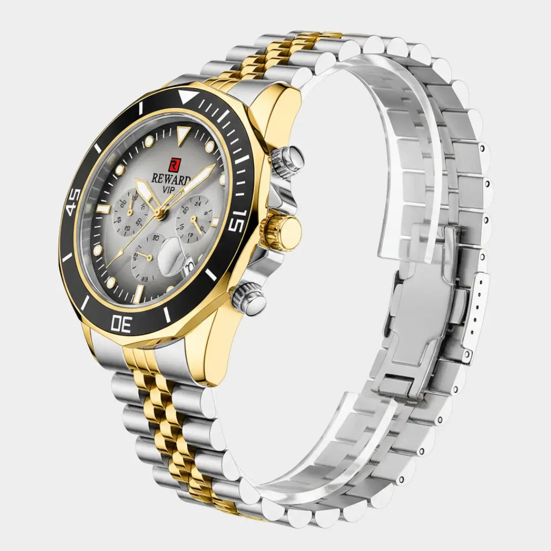 Vista lateral completa do relógio casual masculino bicolor Atlas, mostrando caixa e pulseira