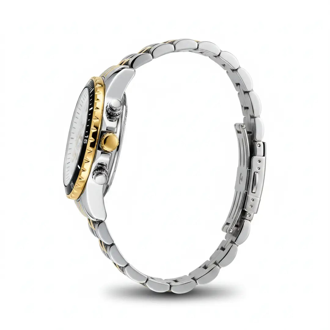 Relógio casual masculino prata com dourado Reward VIP Essence 45 mm com bisel canelado vista lateral completa