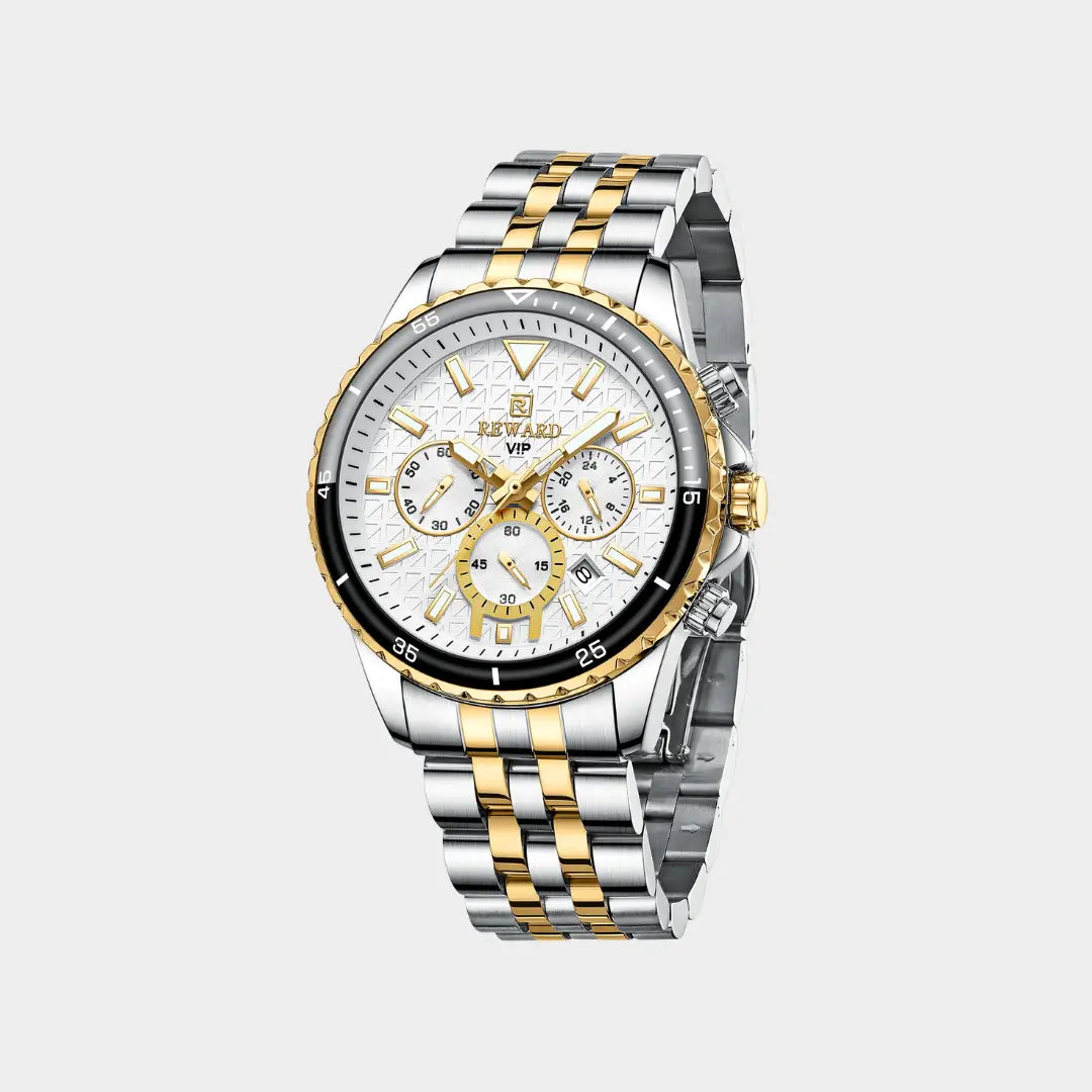 Relógio casual masculino prata com dourado Reward VIP Essence 45 mm com bisel canelado vista semi lateral