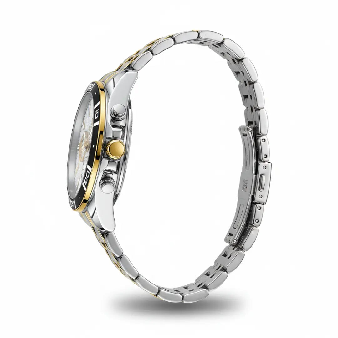Relógio casual masculino bicolor Reward VIP Essence 44mm visto em ângulo total da lateral