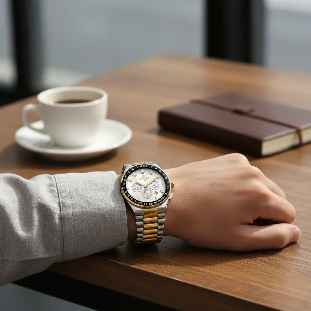 Relógio casual masculino bicolor Navigator Master com caixa de 44mm visto no pulso em um ambiente leve e descontraído