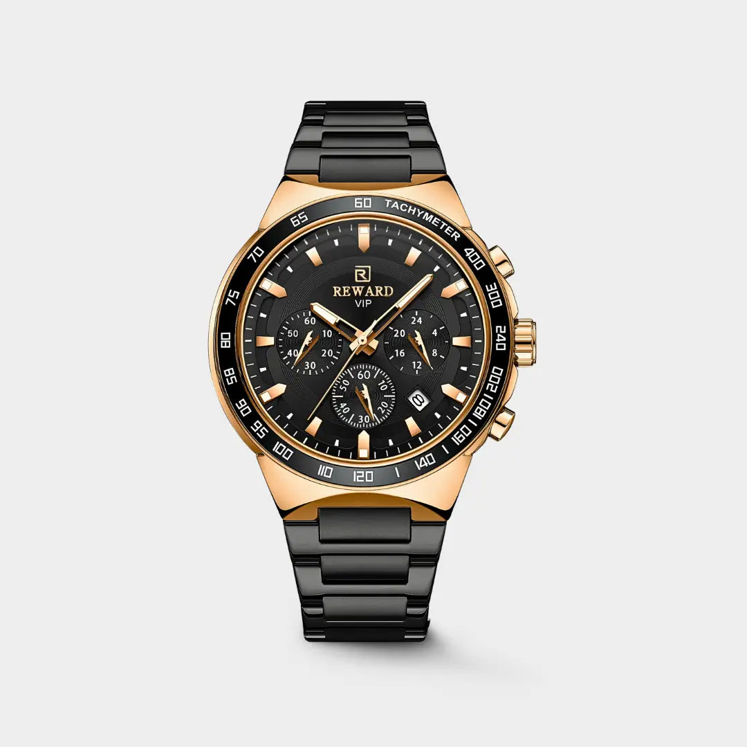 Relógio casual masculino preto com detalhes em ouro envelhecido Reward VIP Magnus com vista frontal