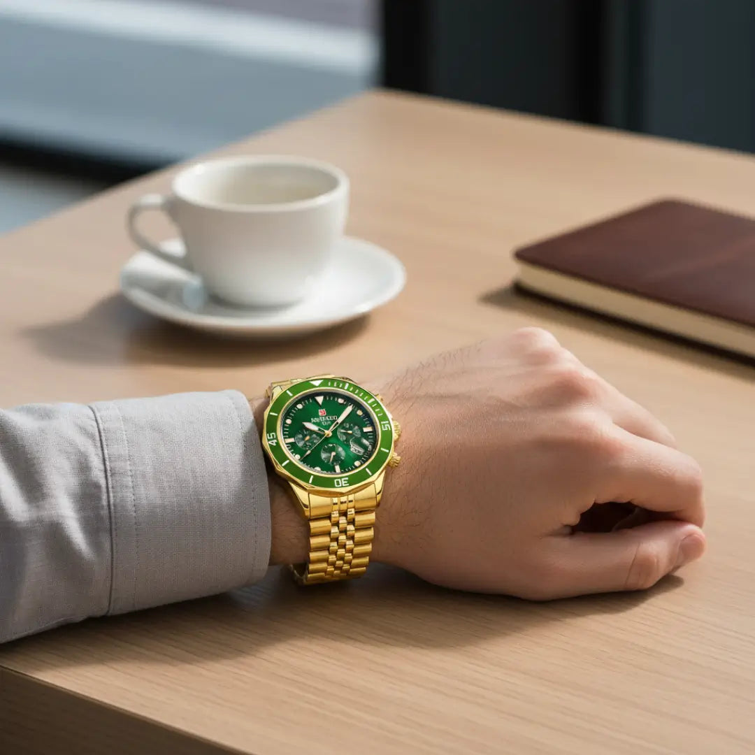 Relógio casual masculino dourado Atlas 44 mm no pulso em ambiente de café, destacando uso cotidiano e estilo discreto