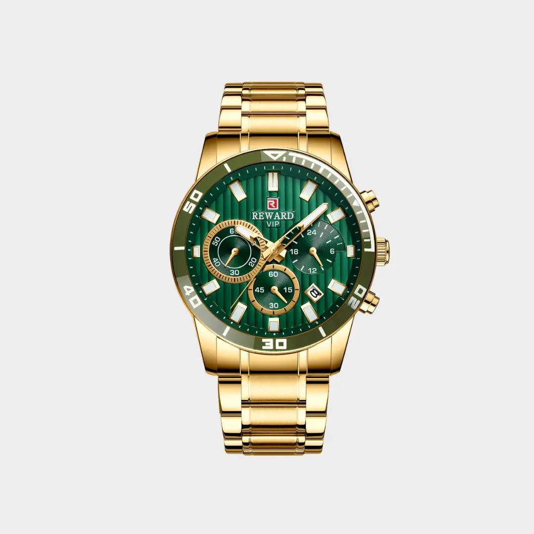 Relógio casual masculino dourado com mostrador verde e cronógrafo Reward VIP Aurion 44mm vista frontal