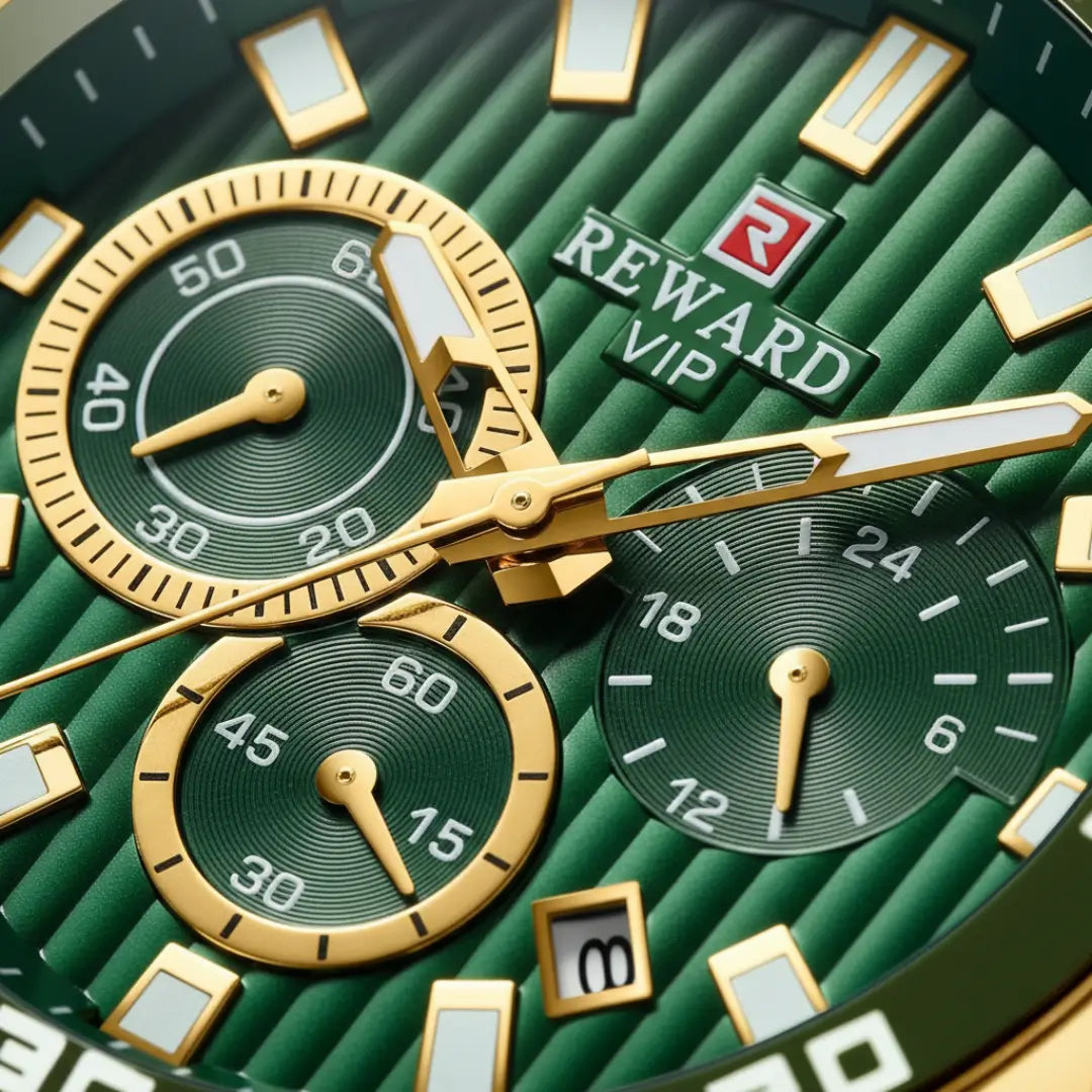 Relógio casual masculino dourado com mostrador verde e cronógrafo Reward VIP Aurion 44mm vista do mostrador