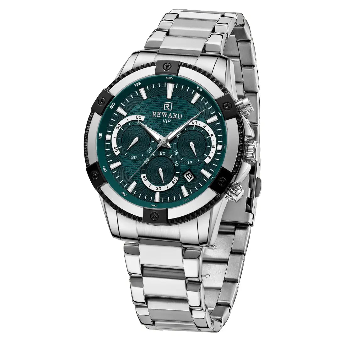 Relógio casual masculino prata com close no mostrador verde destacando o cronógrafo e janela de data automática e logo Reward VIP