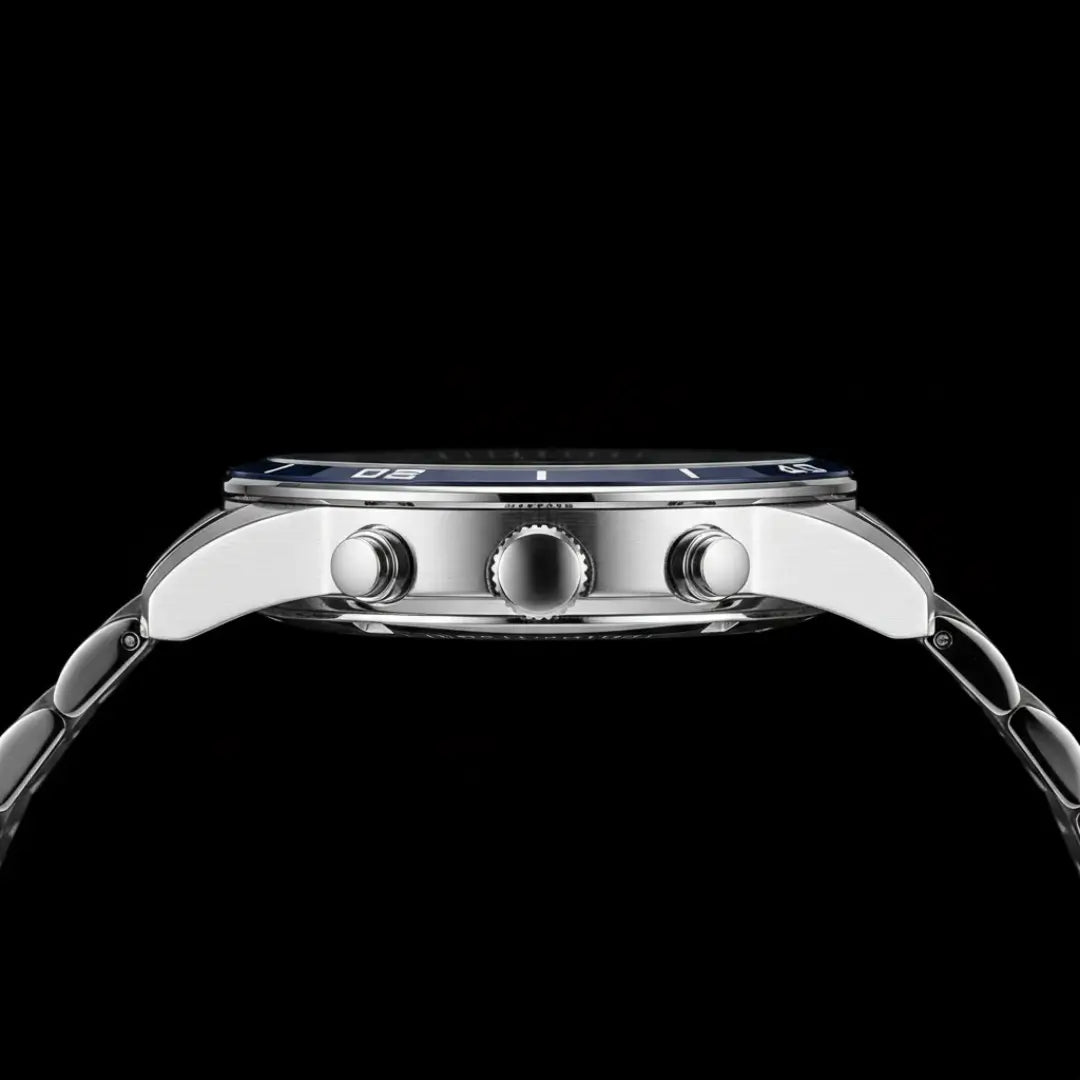 Relógio casual masculino prata com mostrador azul e cronógrafo Reward VIP Aurion 44mm vista da caixa e coroa