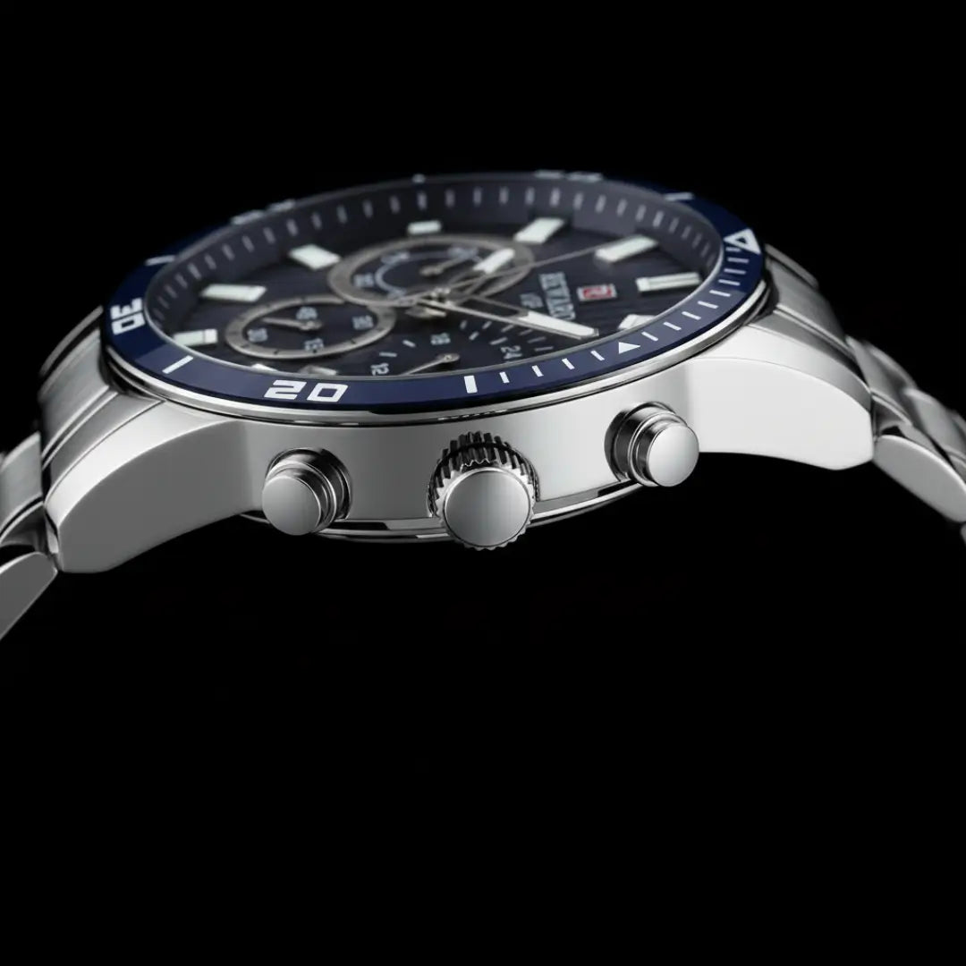 Relógio casual masculino prata com mostrador azul e cronógrafo Reward VIP Aurion 44mm vista da coroa