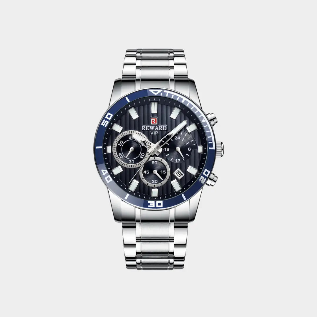 Relógio casual masculino prata com mostrador azul e cronógrafo Reward VIP Aurion 44mm vista frontal