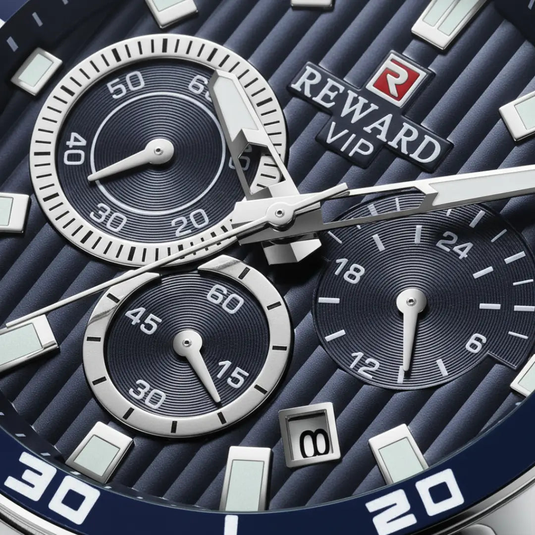 Relógio casual masculino prata com mostrador azul e cronógrafo Reward VIP Aurion 44mm vista do mostrador