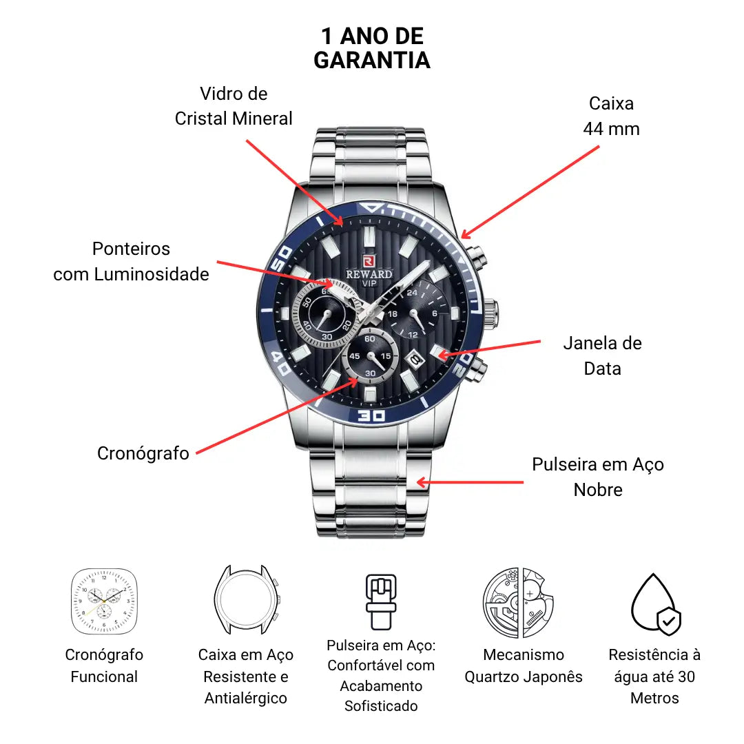 Relógio Casual Masculino Prata Aurion 44 mm